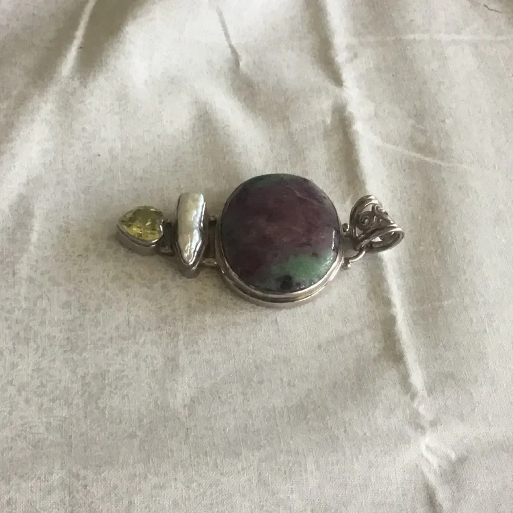 SS Ruby Zoisite, Biwa Pearl, Lemon Quartz Pendant